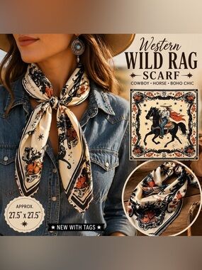 Western Cowboy Horse Wild Rag Scarf Bandana Boho Rodeo Chic 27.5in NWT